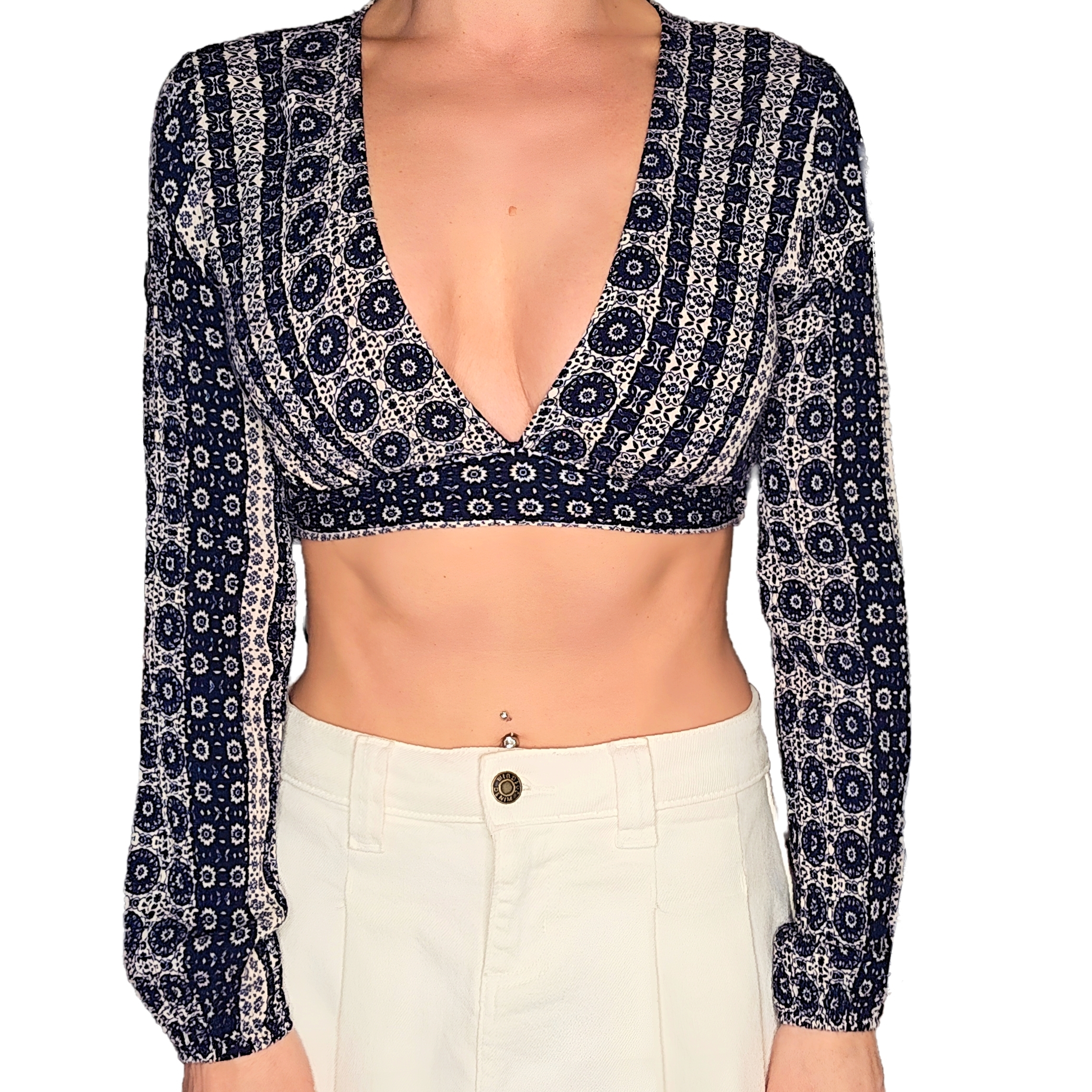 Boho Chic Navy & White Windsor Long Sleeve Crop Top Size Small